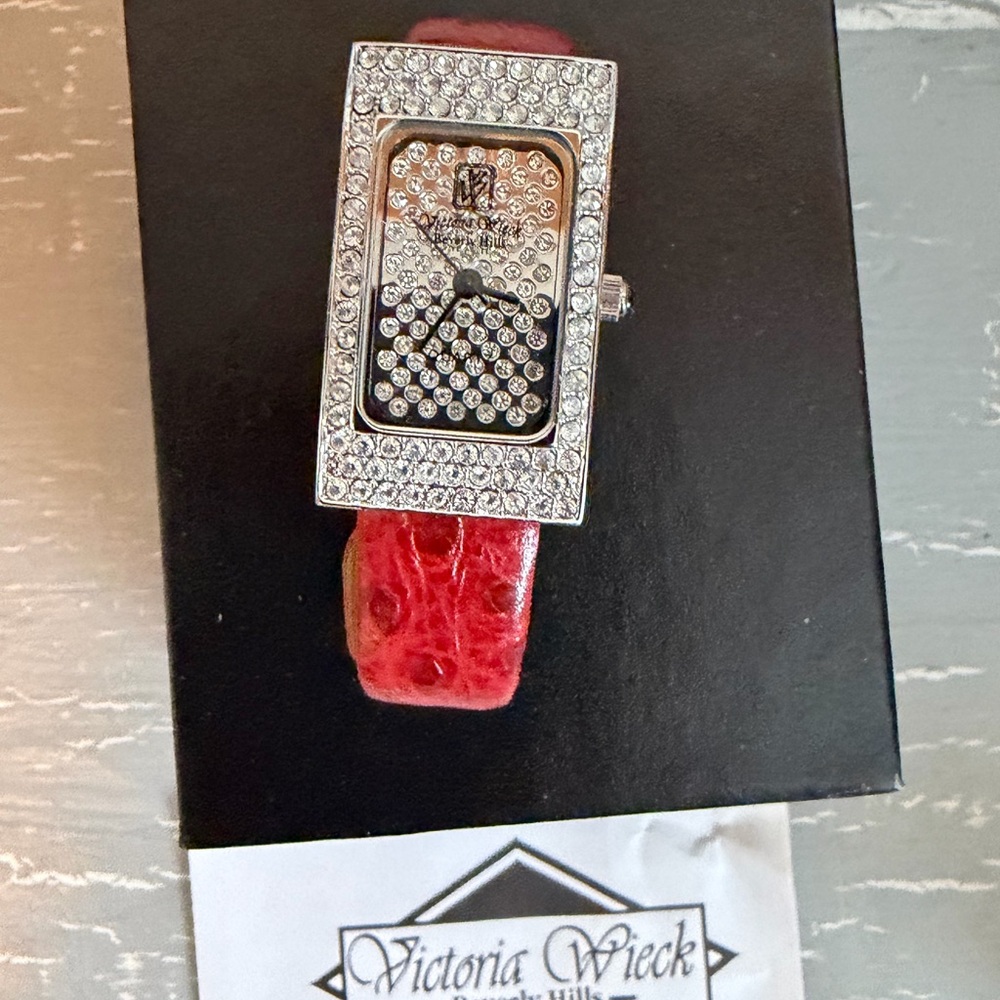 Victoria Wieck Crystal-Embellished Rectangle Watch with Red Strap